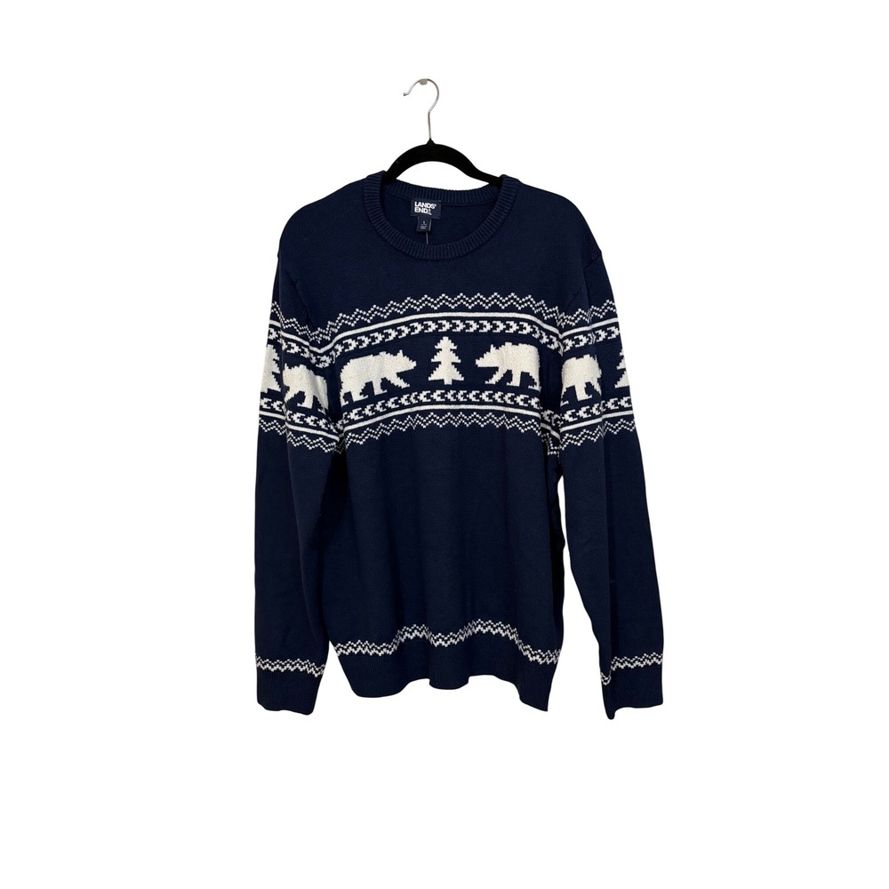 Lands End Mens Fair Isle Polar Bear Sweater Navy Blue Large LE25018 NWT